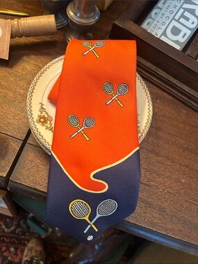 Orange and Navy Tennis Motif Silk Tie - Unbranded